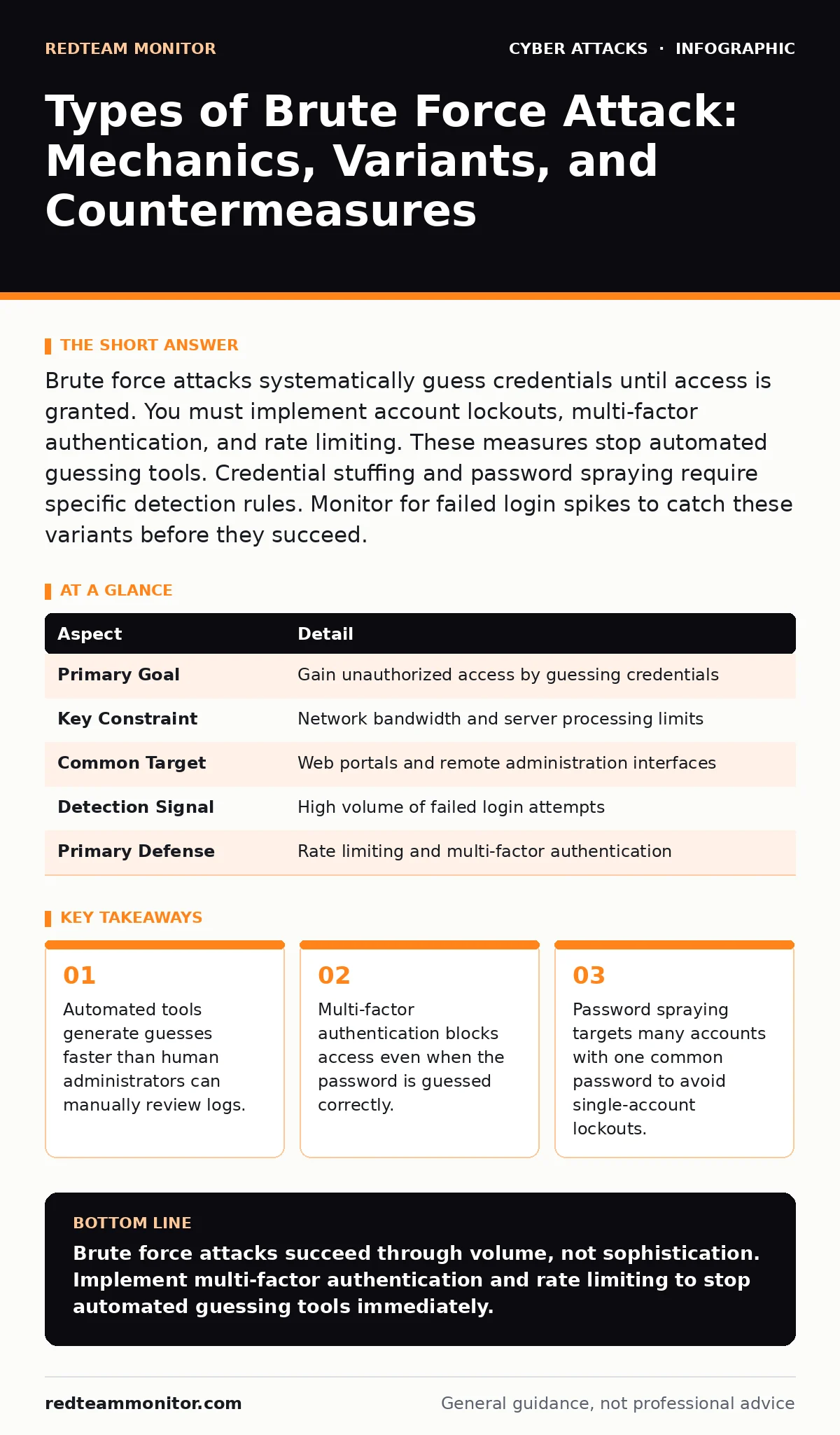 Infographic: Types of Brute Force Attack: Mechanics, Variants, and Countermeasures. Automated tools generate guesses faster than human administrators can manually review logs. Multi-factor authentication blocks access even when the password is guessed correctly. Password spraying targets many accoun