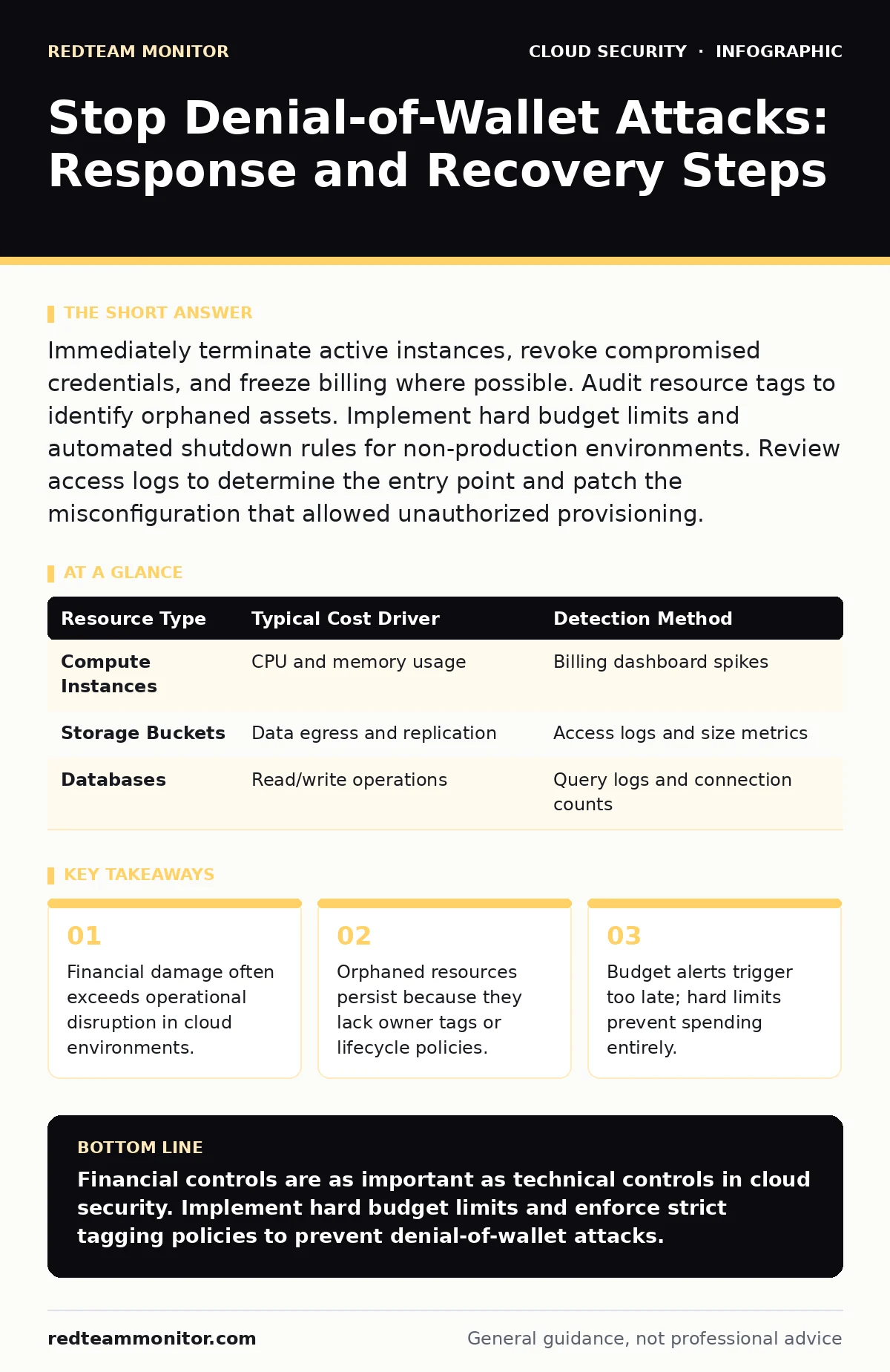 Infographic: Stop Denial-of-Wallet Attacks: Response and Recovery Steps. Financial damage often exceeds operational disruption in cloud environments. Orphaned resources persist because they lack owner tags or lifecycle policies. Budget alerts trigger too late; hard limits prevent spending entirely.