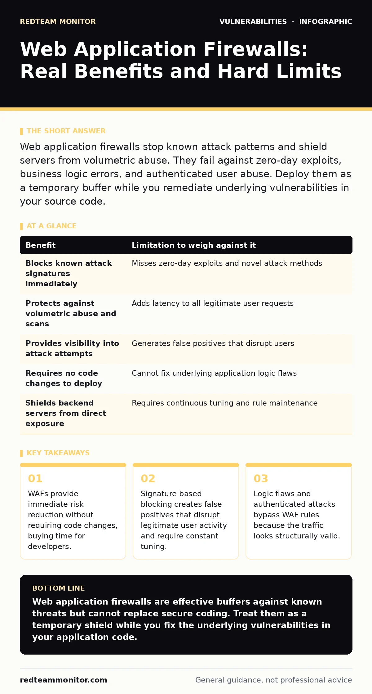 Infographic: Web Application Firewalls: Real Benefits and Hard Limits. WAFs provide immediate risk reduction without requiring code changes, buying time for developers. Signature-based blocking creates false positives that disrupt legitimate user activity and require constant tuning. Logic flaws and