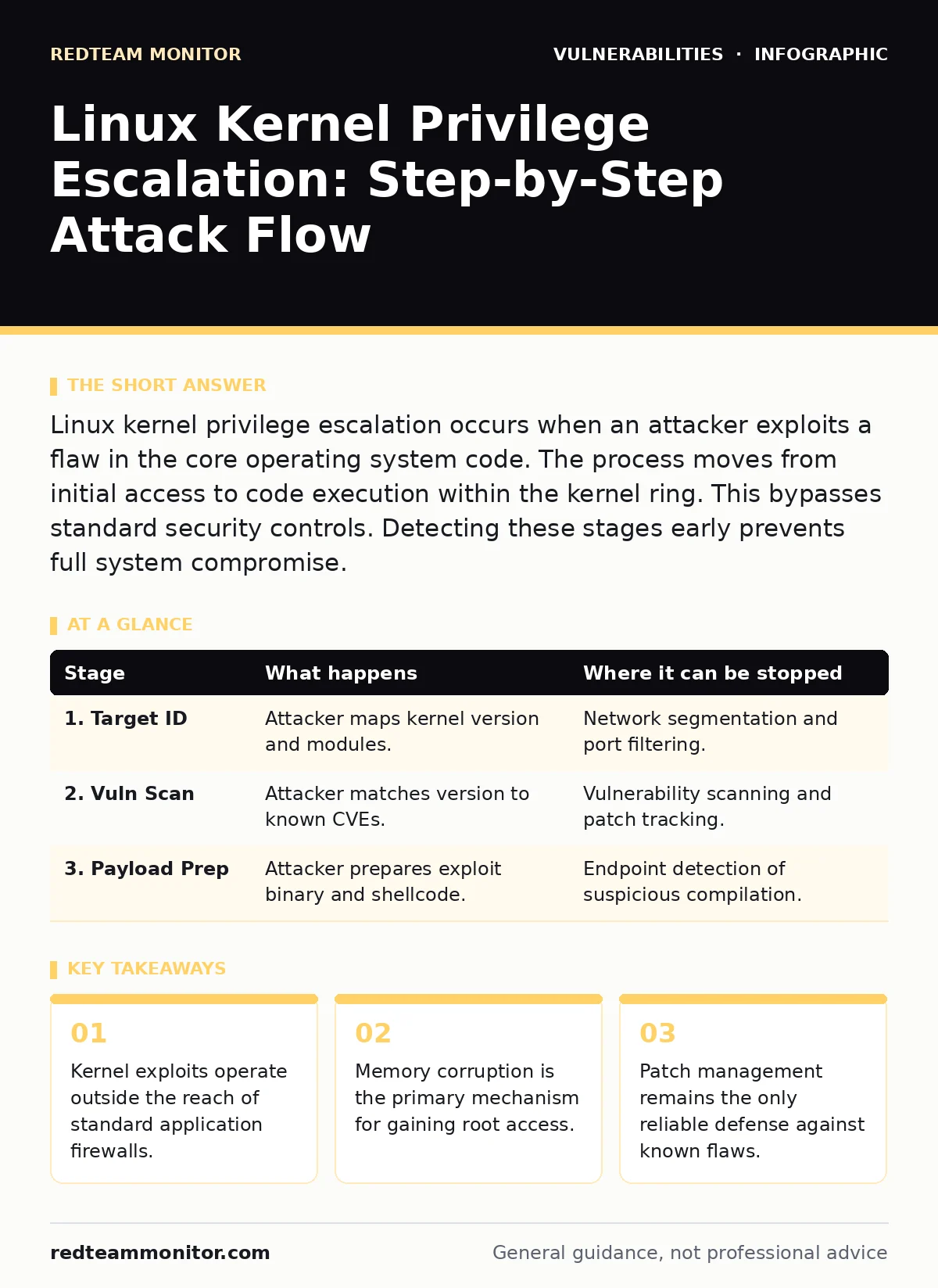 Infographic: Linux Kernel Privilege Escalation: Step-by-Step Attack Flow. Kernel exploits operate outside the reach of standard application firewalls. Memory corruption is the primary mechanism for gaining root access. Patch management remains the only reliable defense against known flaws.