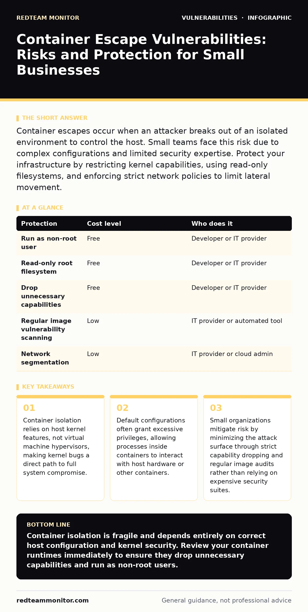 Infographic: Container Escape Vulnerabilities: Risks and Protection for Small Businesses. Container isolation relies on host kernel features, not virtual machine hypervisors, making kernel bugs a direct path to full system compromise. Default configurations often grant excessive privileges, allowing