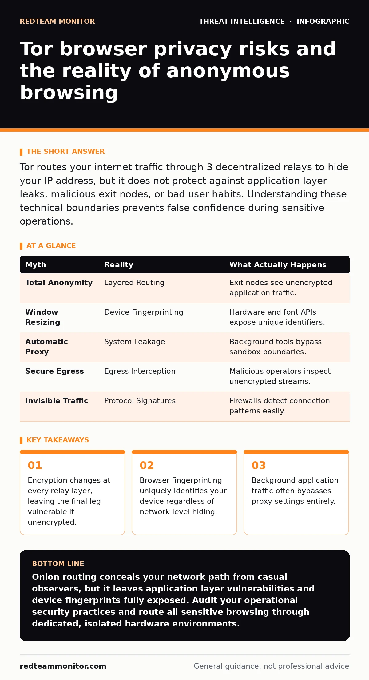 Infographic: Tor browser privacy risks and the reality of anonymous browsing. Encryption changes at every relay layer, leaving the final leg vulnerable if unencrypted. Browser fingerprinting uniquely identifies your device regardless of network-level hiding. Background application traffic often bypa