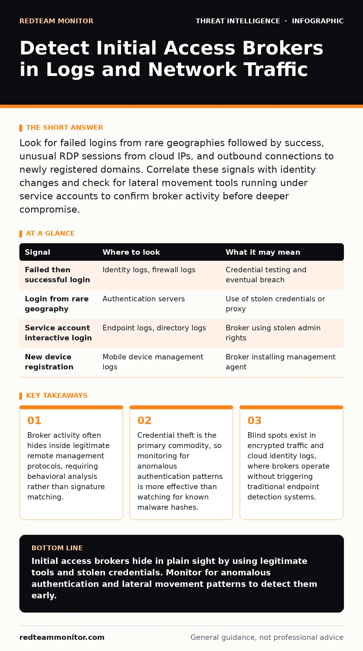 Infographic: Detect Initial Access Brokers in Logs and Network Traffic. Broker activity often hides inside legitimate remote management protocols, requiring behavioral analysis rather than signature matching. Credential theft is the primary commodity, so monitoring for anomalous authentication patte