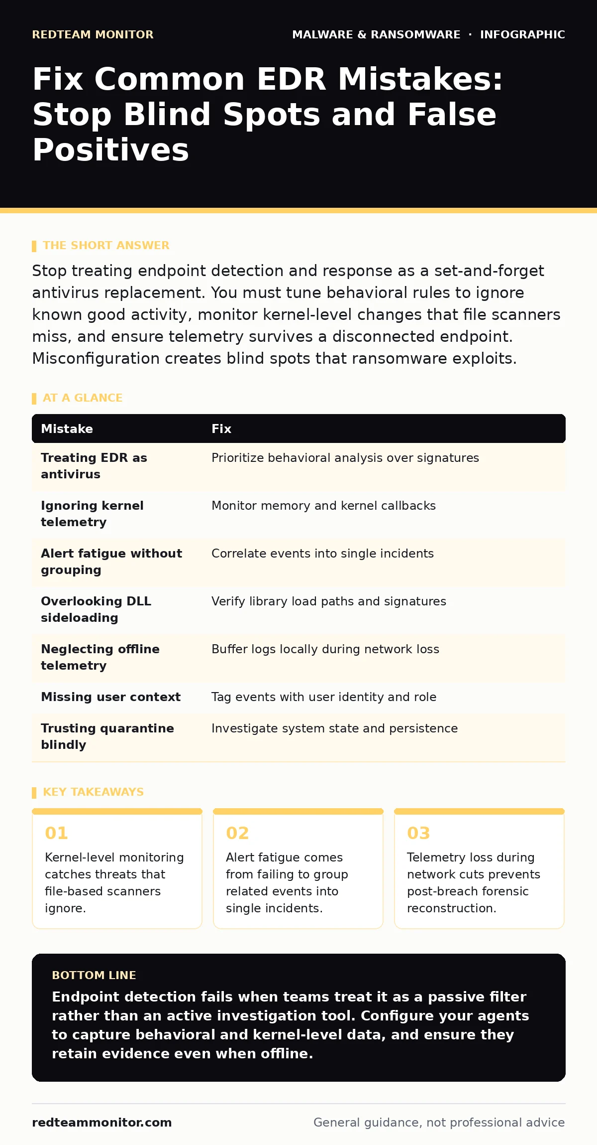 Infographic: Fix Common EDR Mistakes: Stop Blind Spots and False Positives. Kernel-level monitoring catches threats that file-based scanners ignore. Alert fatigue comes from failing to group related events into single incidents. Telemetry loss during network cuts prevents post-breach forensic recons