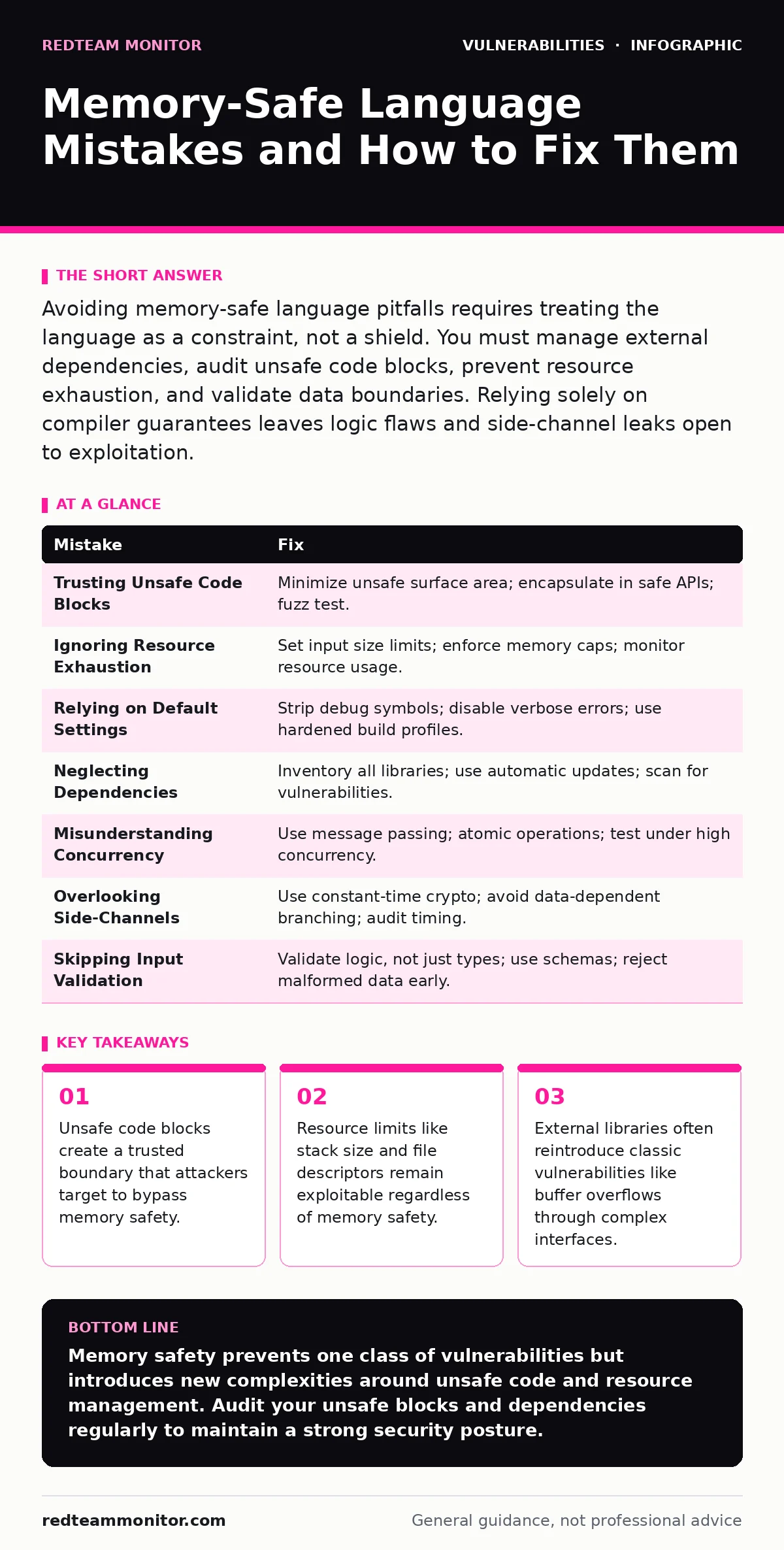 Infographic: Memory-Safe Language Mistakes and How to Fix Them. Unsafe code blocks create a trusted boundary that attackers target to bypass memory safety. Resource limits like stack size and file descriptors remain exploitable regardless of memory safety. External libraries often reintroduce classi