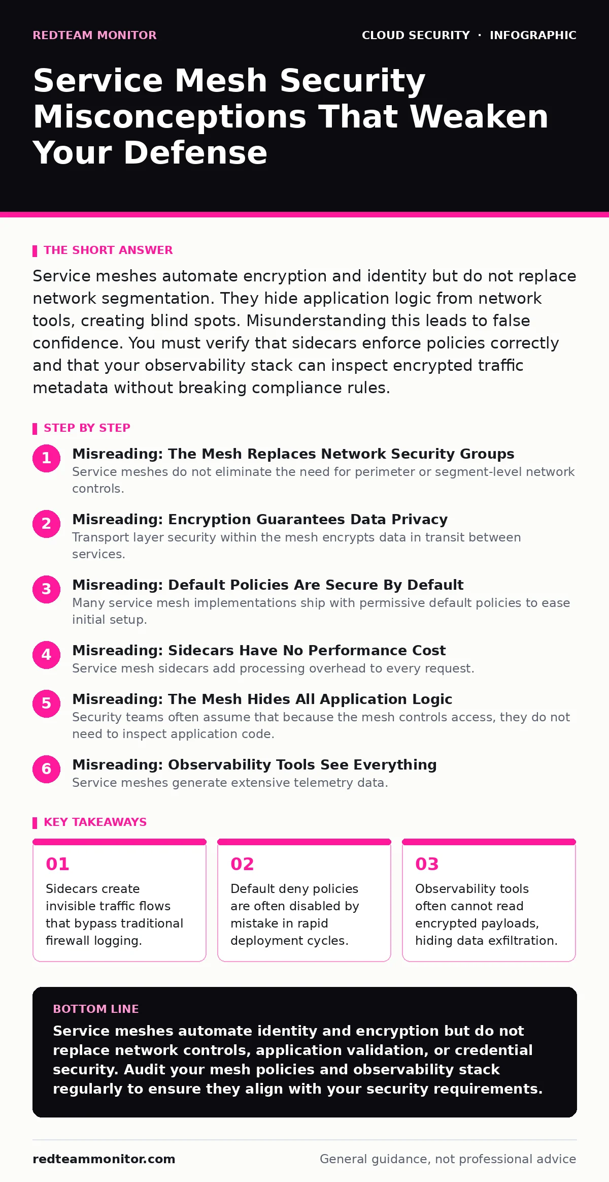 Infographic: Service Mesh Security Misconceptions That Weaken Your Defense. Sidecars create invisible traffic flows that bypass traditional firewall logging. Default deny policies are often disabled by mistake in rapid deployment cycles. Observability tools often cannot read encrypted payloads, hidi
