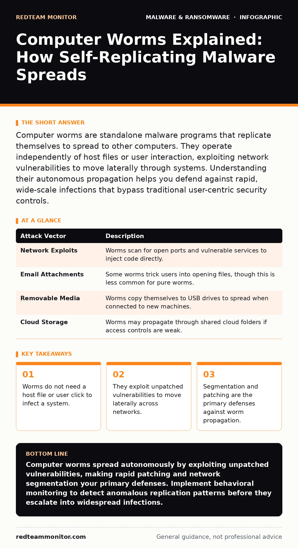 Infographic: Computer Worms Explained: How Self-Replicating Malware Spreads. Worms do not need a host file or user click to infect a system. They exploit unpatched vulnerabilities to move laterally across networks. Segmentation and patching are the primary defenses against worm propagation.