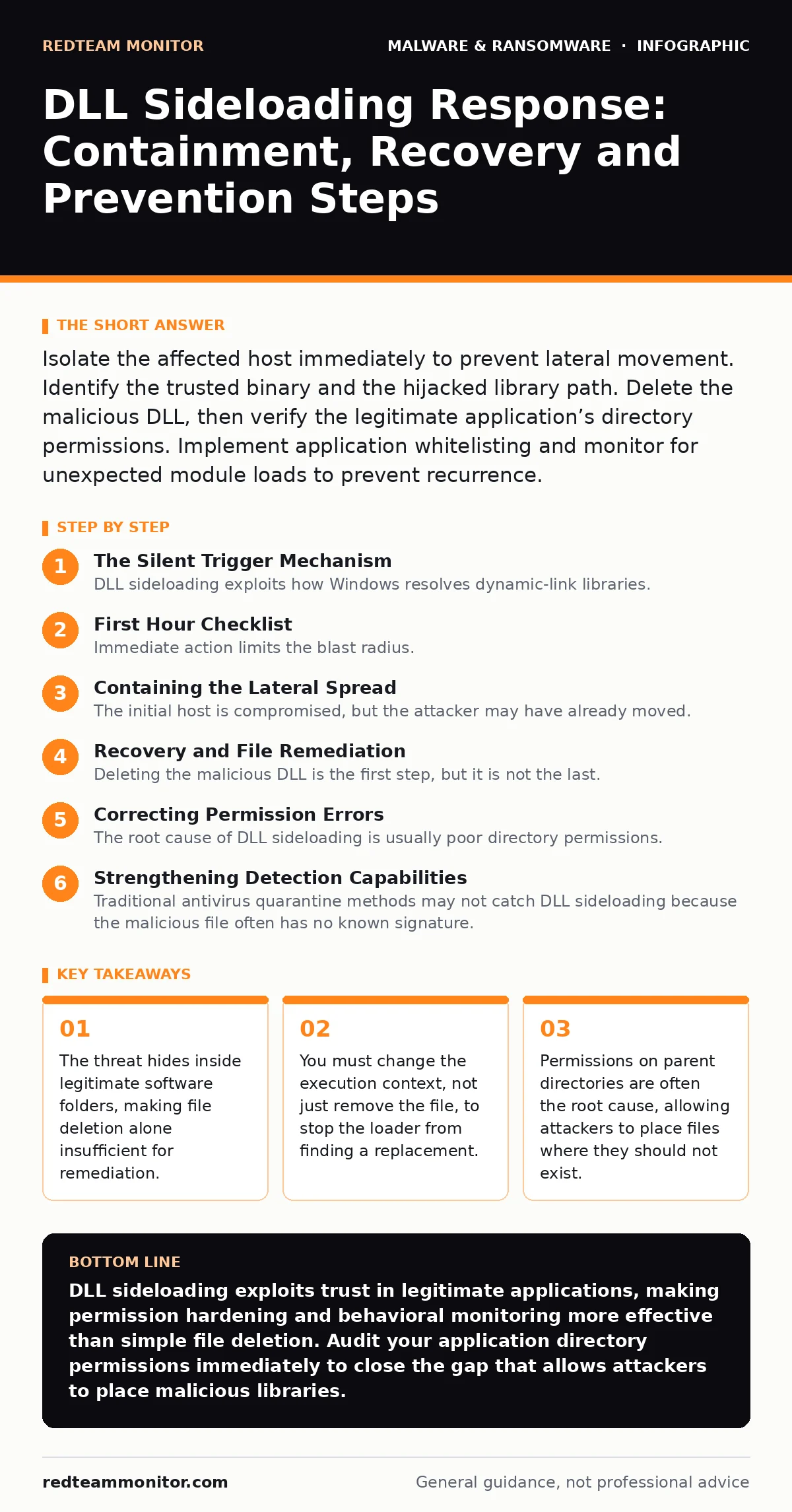 Infographic: DLL Sideloading Response: Containment, Recovery and Prevention Steps. The threat hides inside legitimate software folders, making file deletion alone insufficient for remediation. You must change the execution context, not just remove the file, to stop the loader from finding a replacem